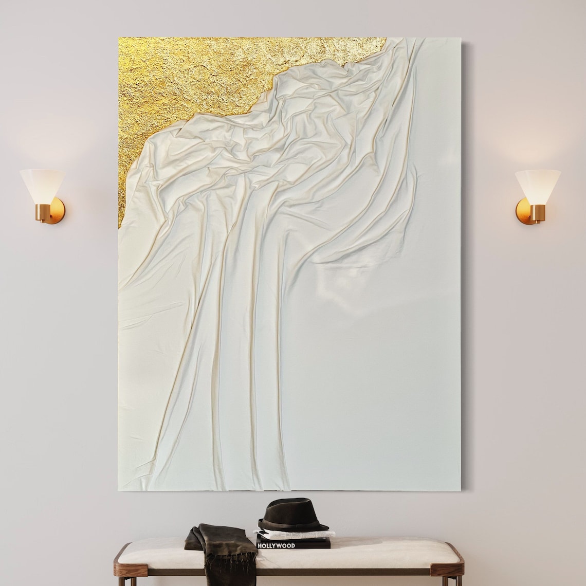 Large Fabric Textured Art on Canvas White and Gold Textured Etsy