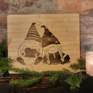 Christmas Gnome Engraved Bamboo Cutting Board | Holiday Gnomes Serving & Cutting Board | Personalized Xmas Gift · Rustic Kitchen Decor