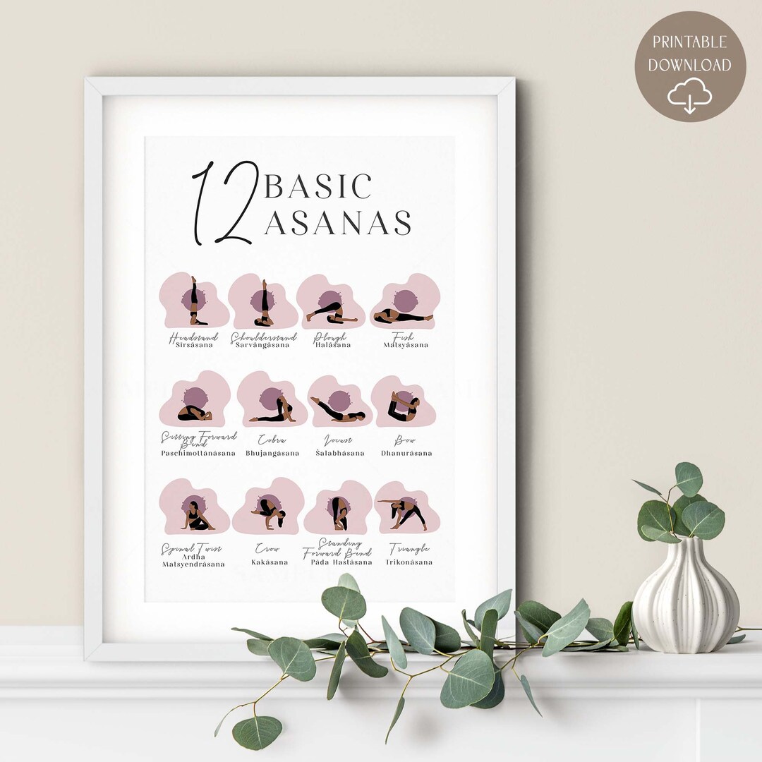 The 12 Basic Yoga Poses in English & Sanskrit Printable Yoga Wall