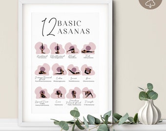 Yoga Poses Print: 12 Basic Asanas, English & Sanskrit with Illustrations (Digital Download)