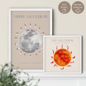 Bundel zonnegroet en maangroet | Chandra en Surya Namaskar-poster | Yoga-infographic | Kunstige boho-muur | Asana-wanddecoratie