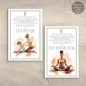 May include: Two rectangular yoga consent cards with brown borders. The left card shows a watercolor illustration of a yoga instructor adjusting a student, labeled YES PLEASE. The right card shows a person meditating, labeled NO THANK YOU.
