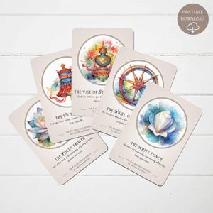 8 symboles de bon augure dans le bouddhisme tibétain | Signes spirituels d'Ashtamangala | Jeux de cartes Yoga zen bouddhiste | Flashcards de yoga imprimables