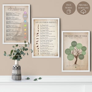 Yoga Infographic Bundle of 3 Prints: Eight Limbs of Yoga, Sun Salutation Mantras and Chakras Poster | Artful Boho Wall | Meditative Poster