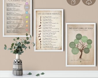 Yoga Infographic Print Set: Eight Limbs, Sun Salutation Mantras, Chakras (Digital Download)