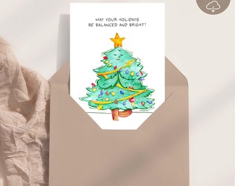 Christmas Tree Yoga Printable Card: Watercolor Vrksasana Pose Greeting (Digital Download)