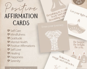 30 cartes d'affirmation imprimables pour le yoga | Aides à la santé mentale | Cartes de méditation pleine conscience | Cartes flash imprimables bohèmes | Mantras personnels zen