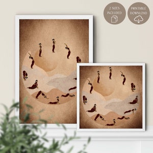 May include: A printable digital art print featuring a circular illustration of a woman in various yoga poses. The poses are set against a brown and beige background with a desert landscape theme. The print is available in two sizes.