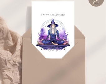 Watercolor Yoga Witch Printable Halloween Card: Spirit Greeting Card (Digital Download)
