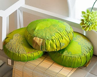 Indian Meditation Cushion: Handmade Silk Sari Yoga Pillow with Buckwheat Filling