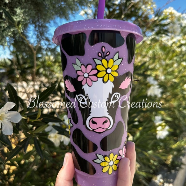 Floral cow print| Flowers| Clear| Purple| Glitter| 24oz| Cold Cup| Reusable| Tumbler