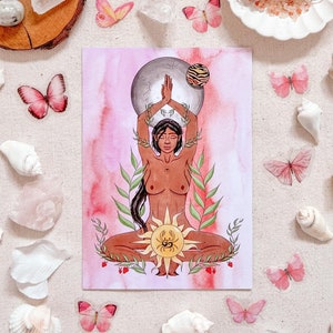 Strawberry Moon Goddess Art Print: Freyja Illustration, Boho Spiritual Decor