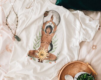 Plain Beige OR Tie Dye Strawberry Full Moon Goddess Tee | S M L XL 2XL | Cotton | Pastel | Green / Mint | Orange | Beige