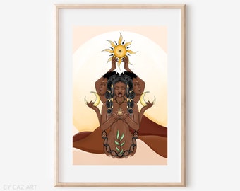 Sun, Moon & Rising Goddess | Astrology Chart | Zodiac Art Wall Print | Decor Wall Poster |Spiritual Goddess | Gift | Whimsical Boho Sun Moon