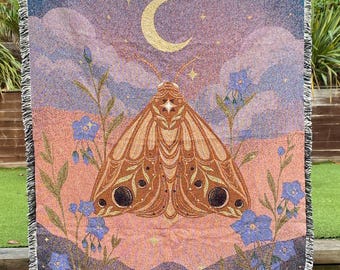 天空の蛾の織りブランケット | ボヘミアン風ムーンタペストリー、ウォールアート