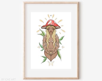 Lámina artística de la diosa hada hongo: ilustración bohemia y caprichosa