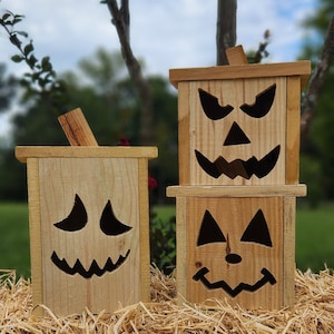 Handcrafted Wooden Jack-o-Lantern Boxes with Carved Faces - Small and Large Sizes - Battery-Powered LED Light Included