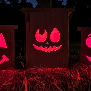 Handcrafted Wooden Jack-o-Lantern Boxes - Carved Faces - Battery-Powered LED Lights - Halloween Decor