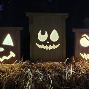 Handcrafted Wooden Jack-o-Lantern Boxes with Carved Faces - Small and Large Sizes