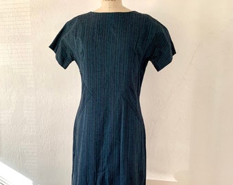 Vintage Handmade Raw Silk Turquoise Shift Dress. - Tall Medium - Talon zipper, midi length, short sleeve, festive