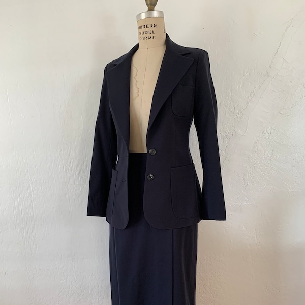 Vintage Jonas Carrie strukturierter Navy Wolle Blazer Wickelrock Anzug -Größe XS - komplett gefüttert, Doppelschlitz