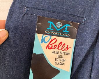 Kids Vintage Deadstock Maverick Bells Bell Bottom Slacks - dark raw denim, All cotton jeans,made in UsA