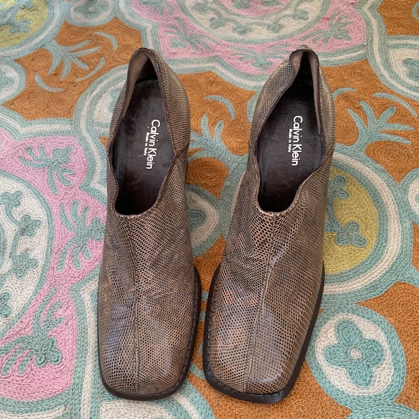 Vintage Calvin Klein Marla Reptile Leather Block Heel Square Toe Loafer Shoe  - size 6 - Made in Italy