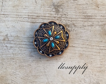 Turquoise & Copper Bling Concho, Western Concho, Tack Making Concho, Leather Crafting Hardware, Screw Back Concho