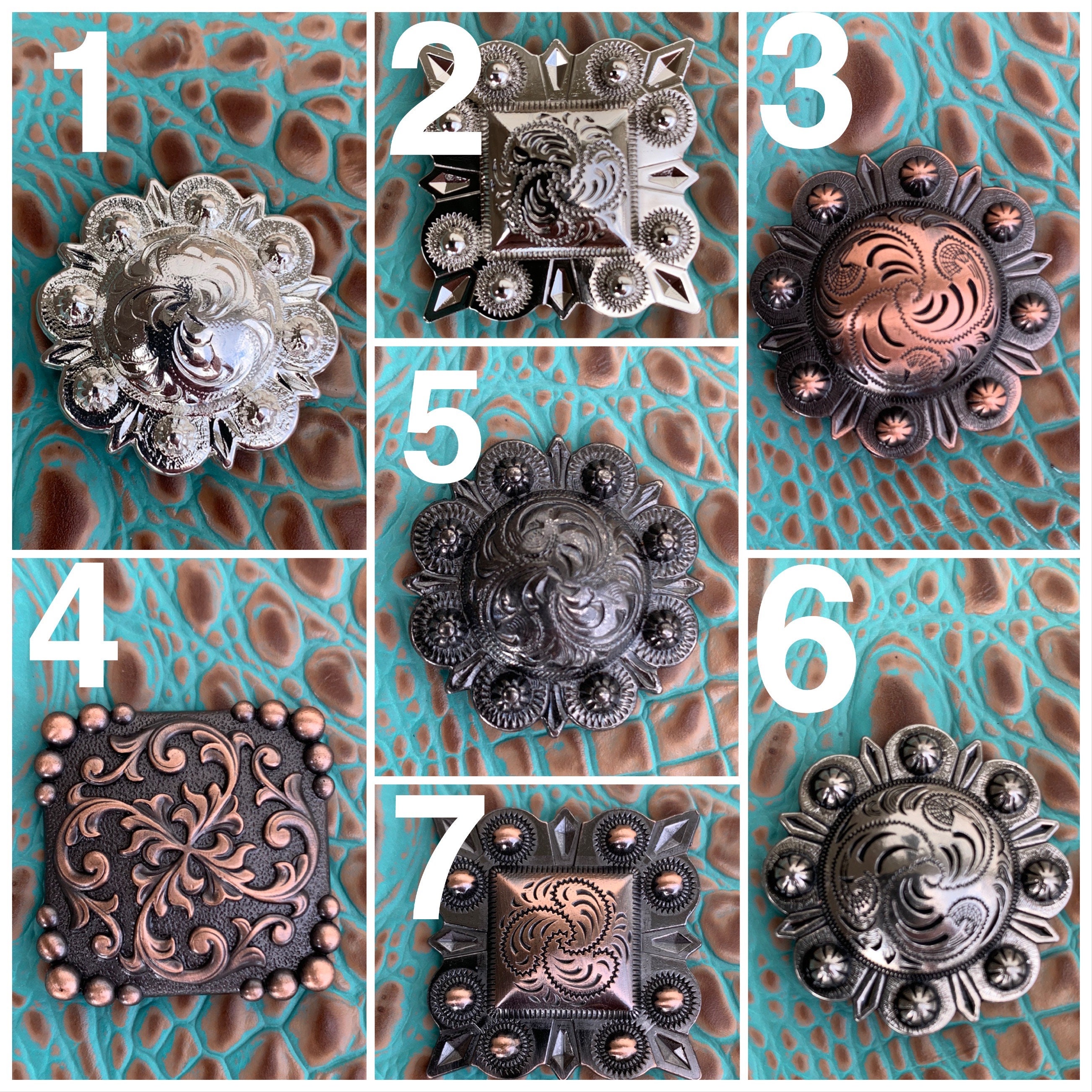 6x Western Horse Tack Silver & Gold Cross Berry Square Conchos – 1-3/8 Inch, Screw Back