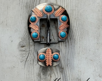 Turquoise & Copper Buckle with Keeper, Western Buckle, Headstall buckle, Tack Making