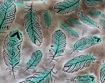 Turquoise & Tan Feather Embossed Leather Sheet, Crafting Leather, Tack Making Leather, Embossed Leather Sheets, Genuine Leather!