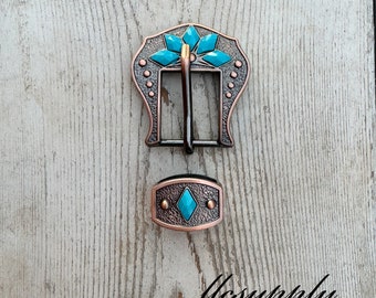 3/4" Copper & Turquoise Buckle w Keeper, Replacement Buckle, Tack Making, Tack Hardware