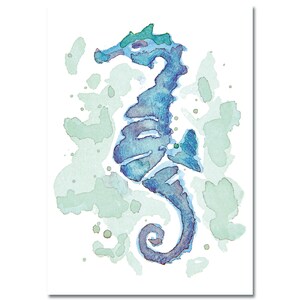 Peut inclure: Peinture à l'aquarelle d'un hippocampe dans des tons de bleu et de vert. L'hippocampe est le point central, avec un corps détaillé et une queue enroulée. Des éclaboussures d'aquarelle verte entourent l'hippocampe sur fond blanc.