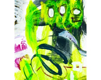 Pode incluir: Uma pintura abstrata sobre fundo branco com pinceladas vibrantes em verde-limão e preto. A composição inclui formas circulares brancas, linhas cinza-escuras e pequenos detalhes em magenta, criando um efeito visual texturizado e em camadas.