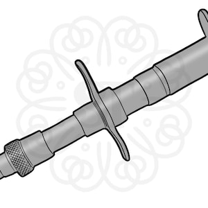 May include: A silver-colored dental tool with a white tip and a handle with a T-shaped end.