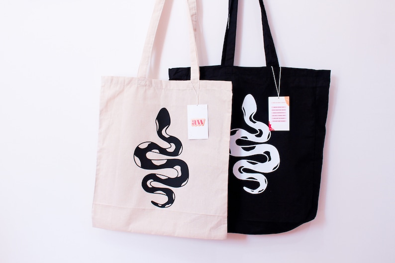 Snake print bag / Reusable bag / Cotton Tote bag / Cute tote bag / Shoulder bag / Shopping bag / Tote bag for work / Market bag /Grocery bag image 1