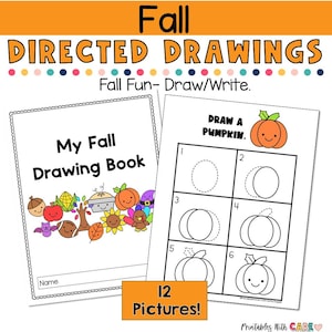 Może przedstawiać: Jesienny zasób edukacyjny z tekstem "Fall Directed Drawings". Obraz zawiera okładkę książki do rysowania z jesiennymi ilustracjami i instrukcję rysowania dyni. Widoczne są również słowa "12 Pictures!"