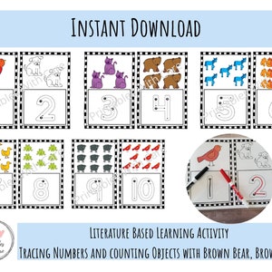 May include: Printable tracing numbers and counting objects activity for kids.  The activity features 10 cards with different animals and numbers 1-10.  The text "INSTANT DOWNLOAD" is at the top of the image.  The text "LITERATURE BASED LEARNING ACTIVITY" and "TRACING NUMBERS AND COUNTING OBJECTS WITH BROWN BEAR, BROWN BEAR" is at the bottom of the image.