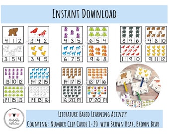 Aprender números, Contar del 1 al 20, Tarjetas de clip, Imprimible, Actividad preescolar, Niño pequeño, Educación en casa, Jardín de infantes, Centro de matemáticas, Bolsa ocupada, Carpeta