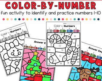 Dibujos navideños para colorear por números (imprimibles), Dibujos para colorear del 1 al 10, Actividad matemática navideña, Páginas para colorear navideñas