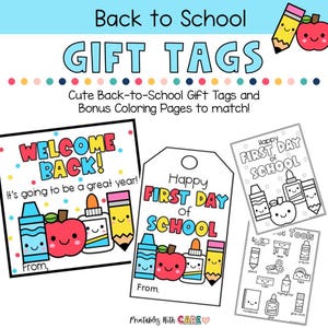 Back to School Gift Tag Printable, Happy First Day of School Tags, Welcome Back Coloring Pages, Class Treat Tag, School Staff Treat Tag