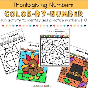 May include: Thanksgiving-themed color-by-number activity sheets. The sheets feature images of a turkey, a pilgrim hat, and pumpkins. The text "COLOR-BY-NUMBER" and "fun activity to identify and practice numbers 1-10" are displayed at the top.