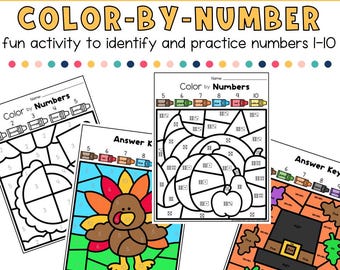 Dibujos para colorear de Acción de Gracias por números, colorear por código (números del 1 al 10), actividades matemáticas de Acción de Gracias, páginas para colorear de Acción de Gracias