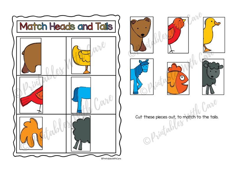 Learning Colors, Heads and Tails Puzzle, Printable, Preschool Activity