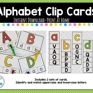 Tarjetas de clip del alfabeto, imprimibles, reconocimiento de letras, alfabeto de aprendizaje, coincidencia de ABC, actividad de aprendizaje preescolar, niño pequeño, educación en casa, abc