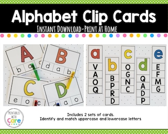Tarjetas de clip del alfabeto, imprimibles, reconocimiento de letras, alfabeto de aprendizaje, coincidencia de ABC, actividad de aprendizaje preescolar, niño pequeño, educación en casa, abc