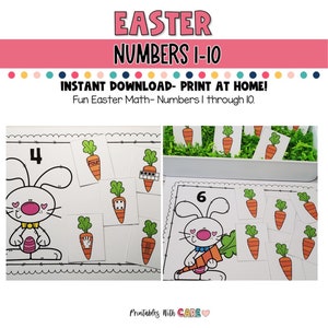 May include: Printable Easter-themed math activity for kids.  The activity features a bunny holding a carrot and a set of cards with carrots.  The text "INSTANT DOWNLOAD-PRINT AT HOME!" and "Fun Easter Math-Numbers 1 through 10." is included on the page.