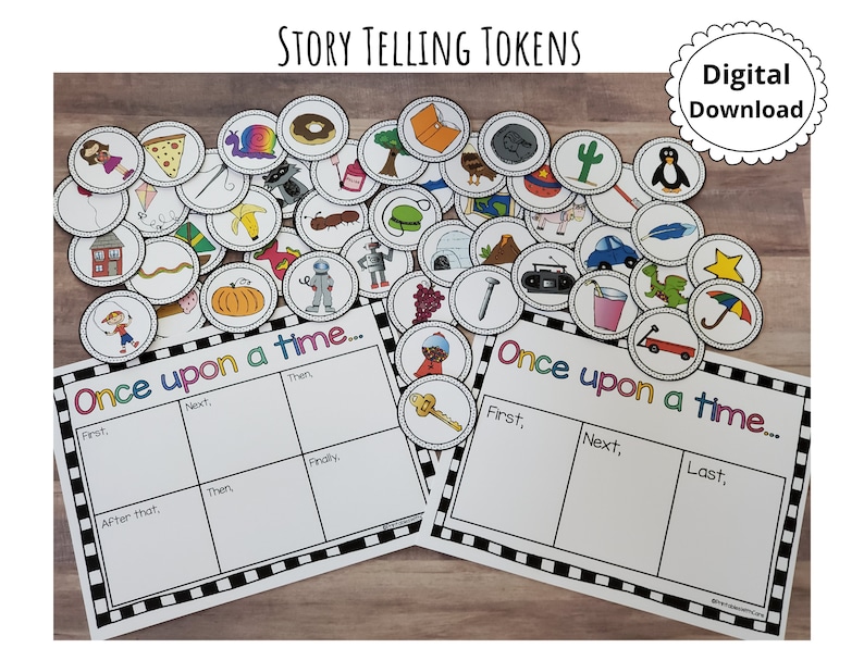 Pode incluir: Um conjunto de fichas de contar hist&oacute;rias coloridas com imagens de uma variedade de objetos, como uma pizza, um caracol, um donut, uma casa, um cacto, um pinguim, uma pena, uma estrela, um balde, um drag&atilde;o, um guarda-chuva, uma chave, um prego, um r&aacute;dio, uma ab&oacute;bora, um verme, um rob&ocirc;, uma uva, uma casa, uma pipa, uma cobra, um barco, uma banana, uma corda de pular, uma carro&ccedil;a vermelha e uma menina. As fichas est&atilde;o dispostas em um c&iacute;rculo ao redor de uma folha de papel branca com as palavras "Once upon a time..." impressas nela. O papel &eacute; dividido em quatro se&ccedil;&otilde;es, rotuladas "First", "Next", "Then" e "Finally".