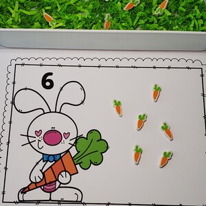 May include: A black and white illustration of a bunny holding a carrot. The number 6 is written above the bunny. There are 7 orange carrots scattered around the bunny.