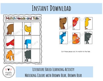 Aprendizaje de colores, rompecabezas de cabezas y colas, imprimible, actividad preescolar, niño pequeño, educación en el hogar, carpeta de aprendizaje educativo, juego, carpeta ocupada
